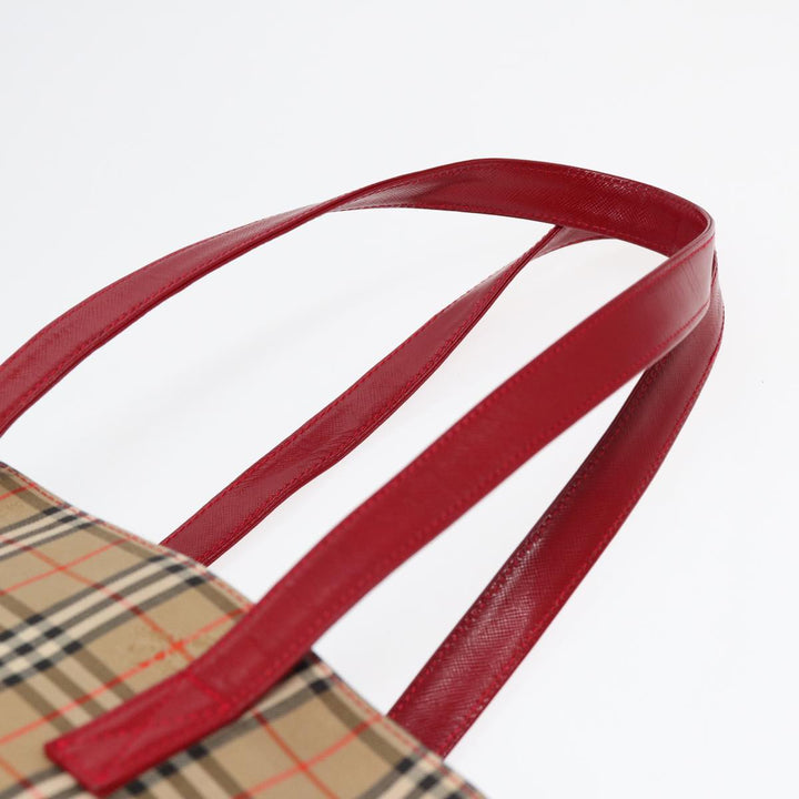 Burberry Nova Check Tote Bag Canvas Leather Beige Gold Red Auth 86159