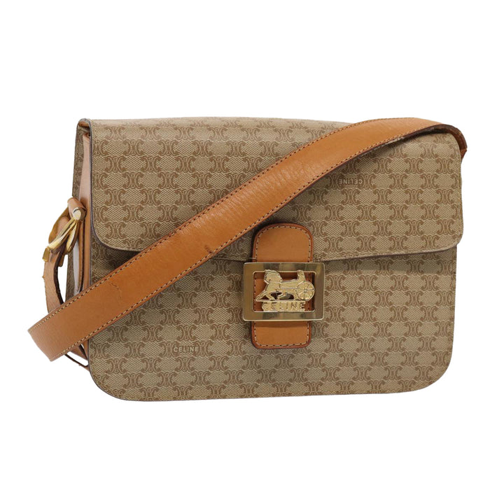 Celine Macadam Canvas Horse Carriage Shoulder Bag Beige Gold Auth 86168