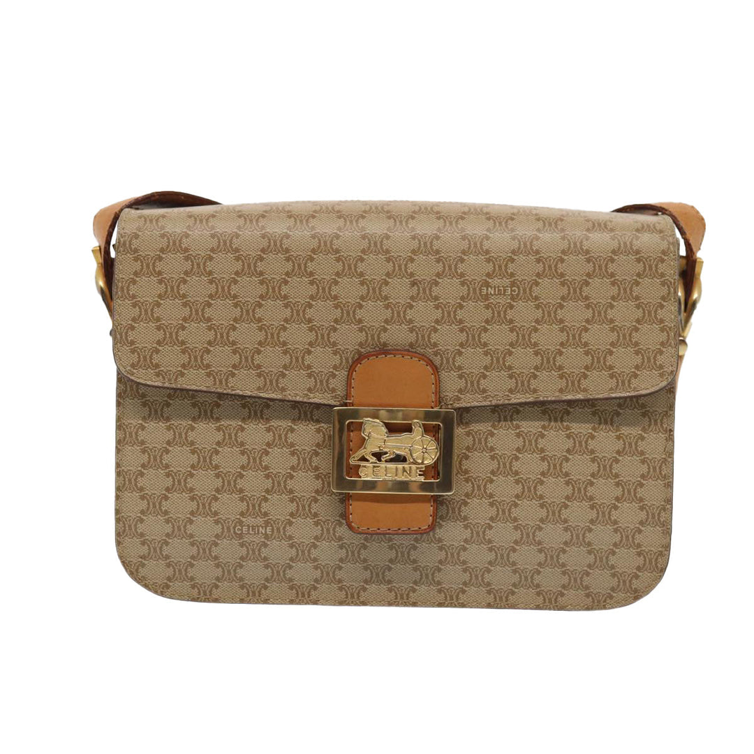 Celine Macadam Canvas Horse Carriage Shoulder Bag Beige Gold Auth 86168