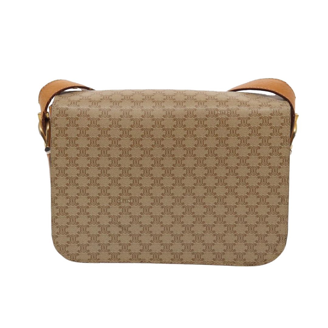Celine Macadam Canvas Horse Carriage Shoulder Bag Beige Gold Auth 86168