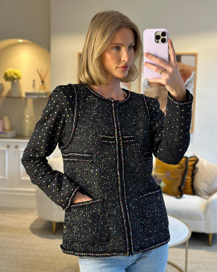 Top Quality Chanel  Fall 2017 Black Tweed Jacket with Multicoloured Sequin Details Size FR 42 (UK 14)