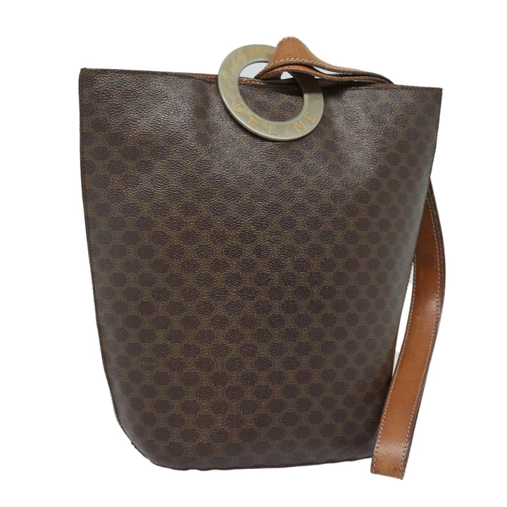 Celine Macadam Canvas Shoulder Bag PVC Leather Brown Gold Auth 86174