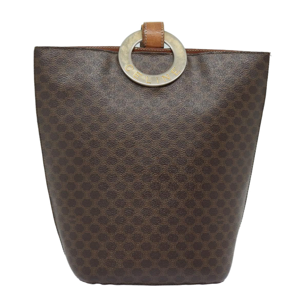 Celine Macadam Canvas Shoulder Bag PVC Leather Brown Gold Auth 86174