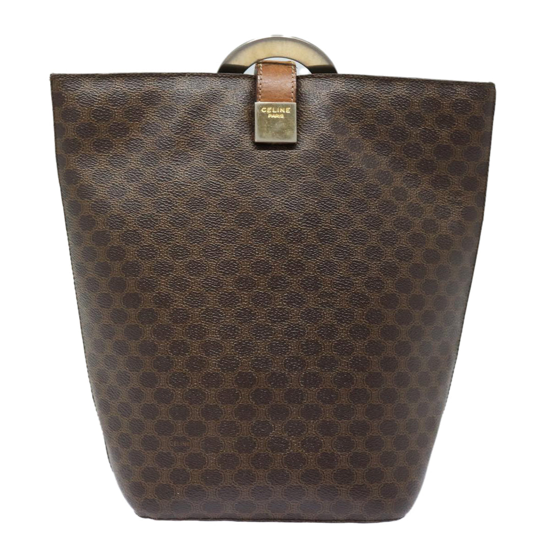 Celine Macadam Canvas Shoulder Bag PVC Leather Brown Gold Auth 86174