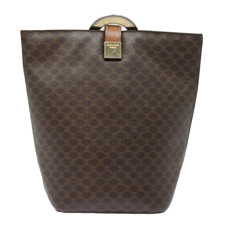Celine Macadam Canvas Shoulder Bag PVC Leather Brown Gold Auth 86174