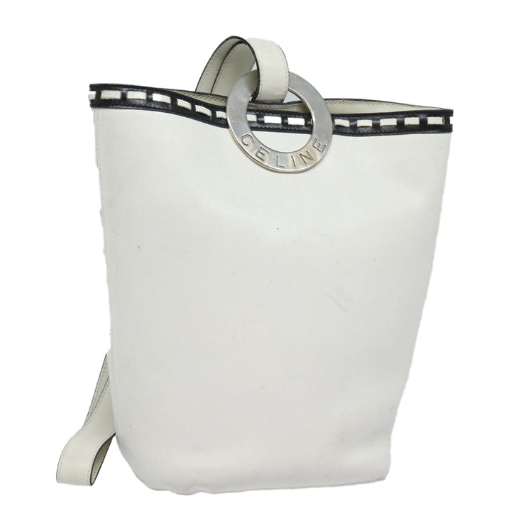 Celine Shoulder Bag Leather White Silver Auth 86175