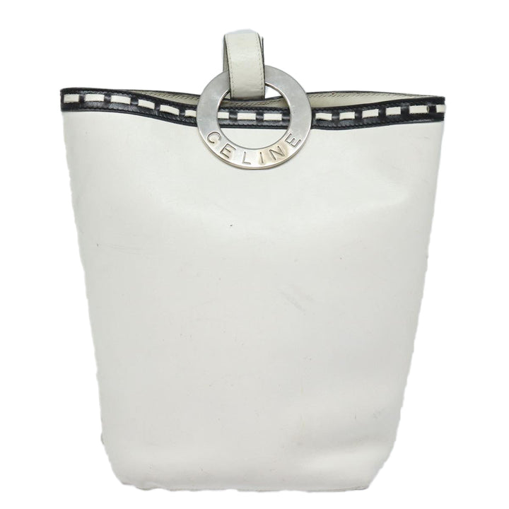 Celine Shoulder Bag Leather White Silver Auth 86175