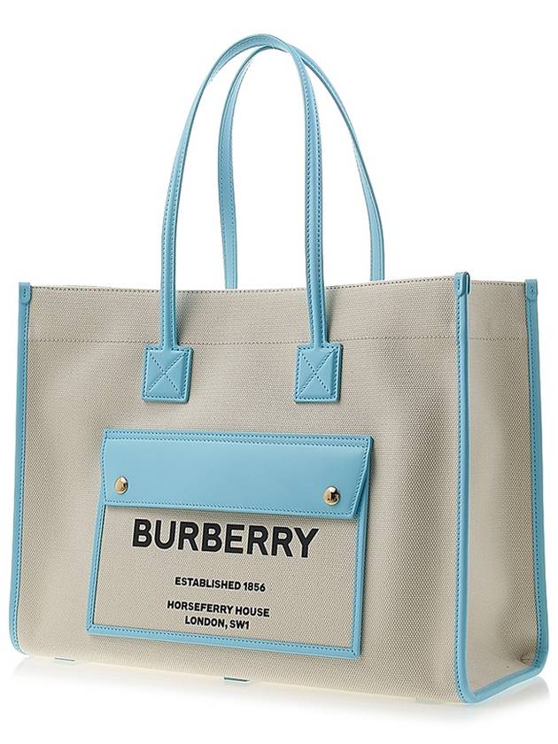 Burberry Freya Logo Print Medium Canvas Tote Bag Natural Blue