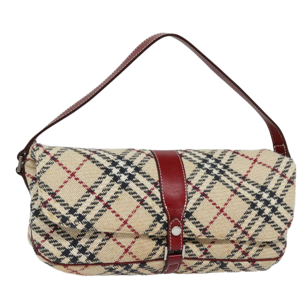 Burberry Nova Check Blue Label Shoulder Bag Wool Beige Silver Auth 86336