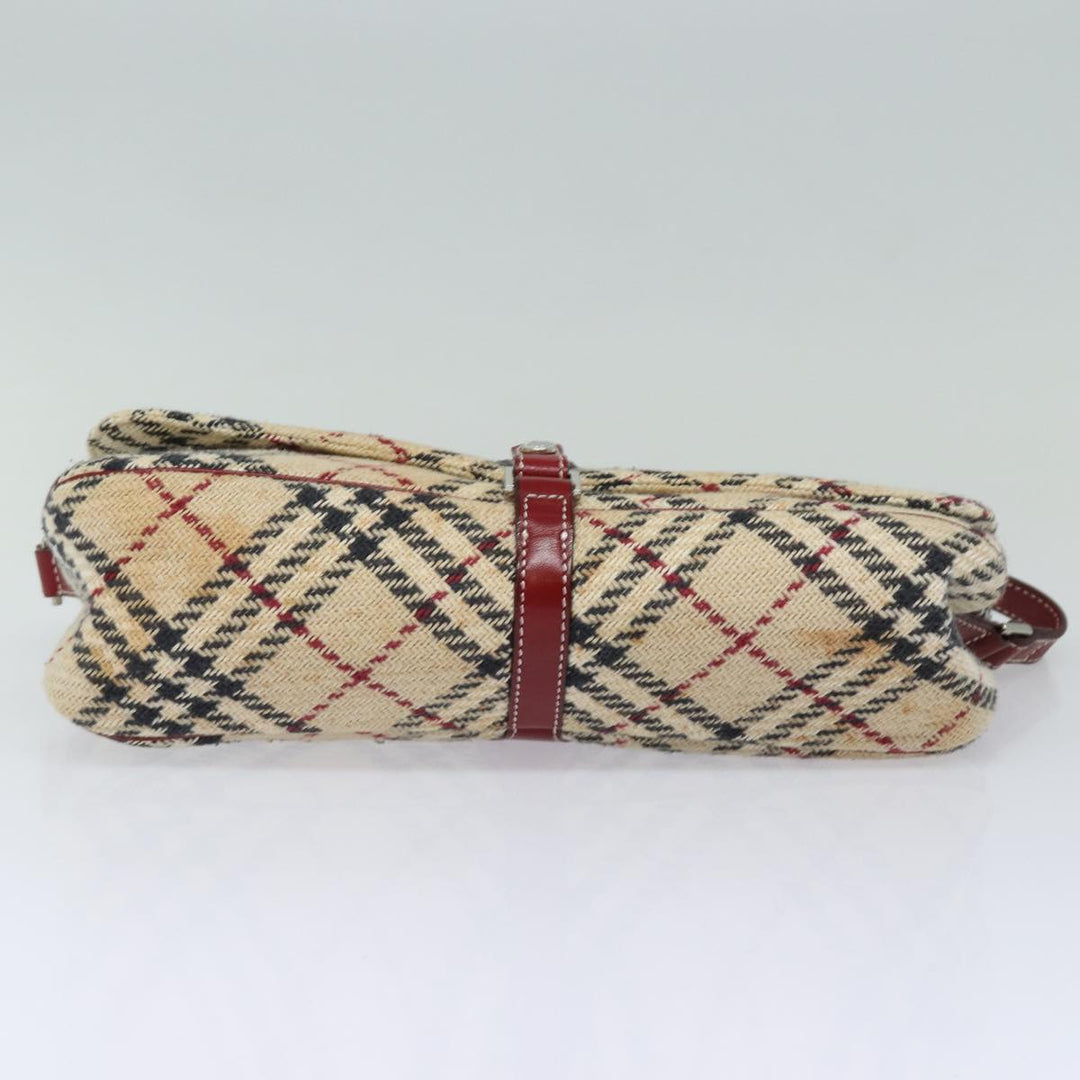 Burberry Nova Check Blue Label Shoulder Bag Wool Beige Silver Auth 86336
