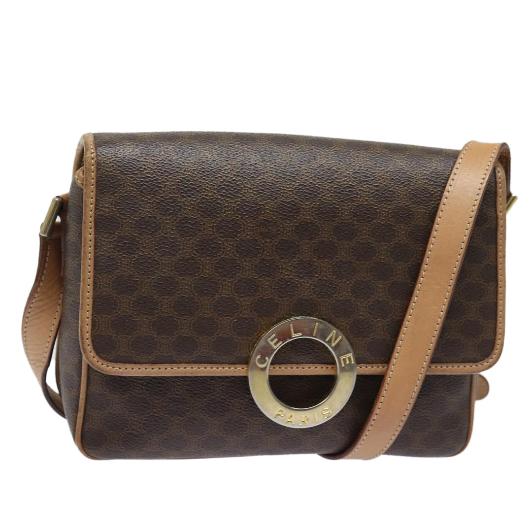 Celine Macadam Canvas Shoulder Bag PVC Leather Brown Gold Auth 86522