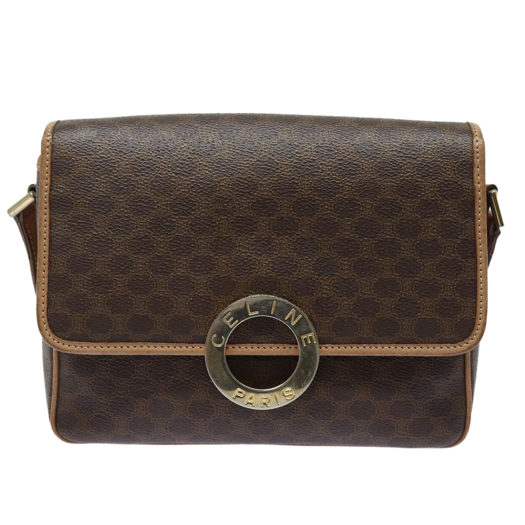 Celine Macadam Canvas Shoulder Bag PVC Leather Brown Gold Auth 86522