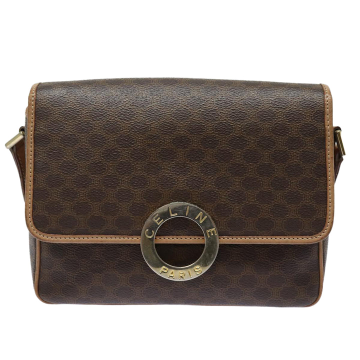 Celine Macadam Canvas Shoulder Bag PVC Leather Brown Gold Auth 86522