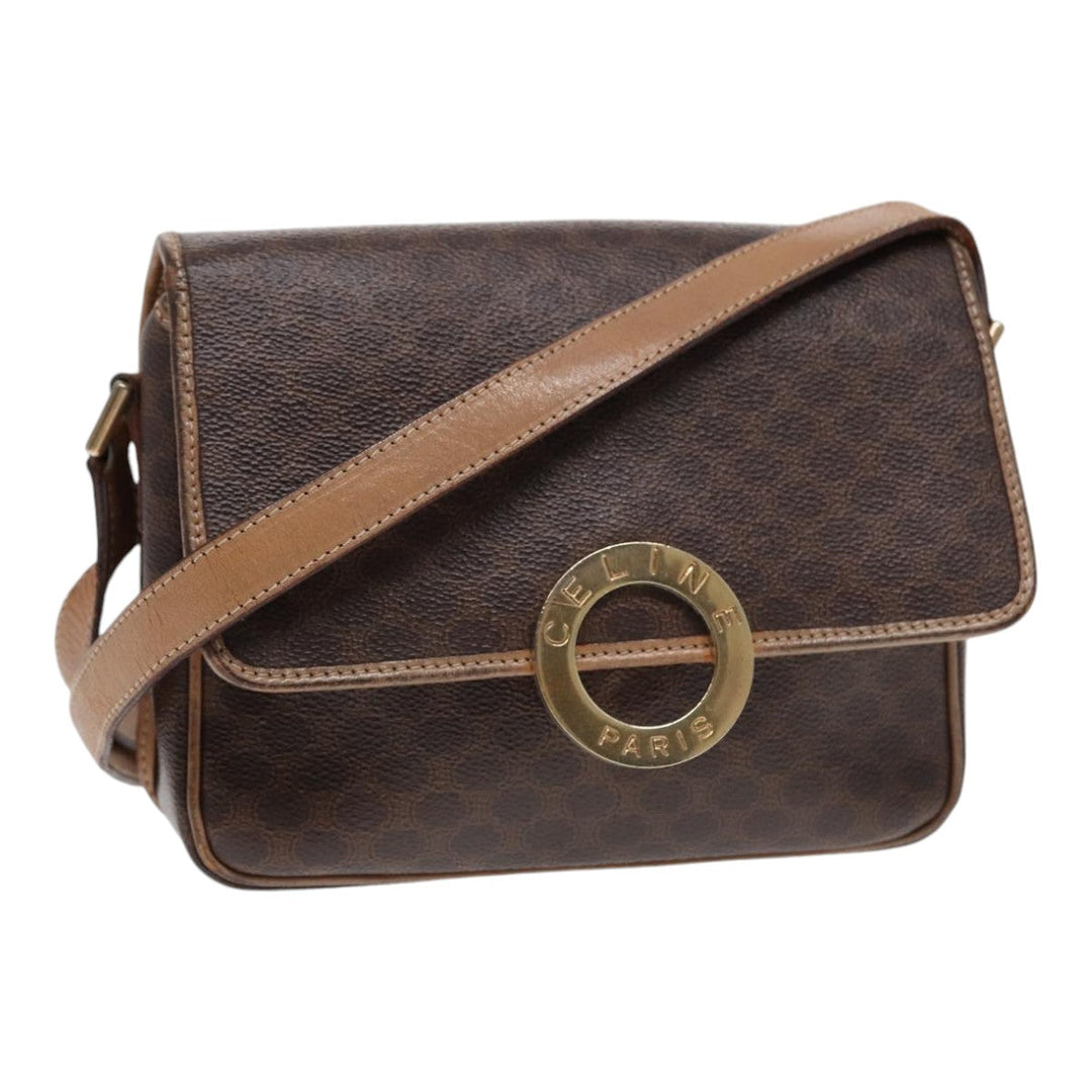 Celine Macadam Canvas Shoulder Bag PVC Leather Brown Gold Auth 86834