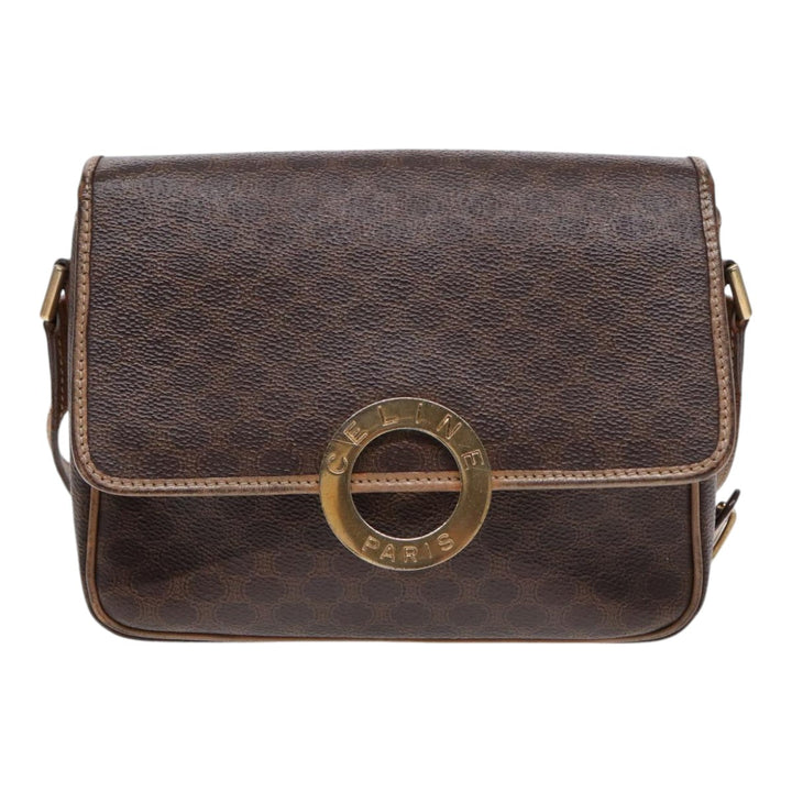 Celine Macadam Canvas Shoulder Bag PVC Leather Brown Gold Auth 86834