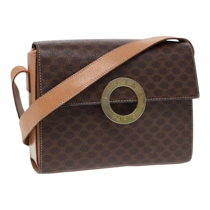 Celine Macadam Canvas Circle Shoulder Bag PVC Leather Gold Brown Auth 86835