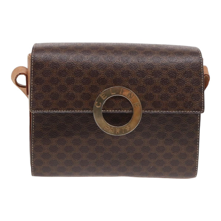 Celine Macadam Canvas Circle Shoulder Bag PVC Leather Gold Brown Auth 86835