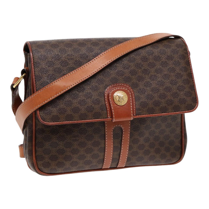 Celine Macadam Canvas Shoulder Bag PVC Leather Brown Gold Auth 86836