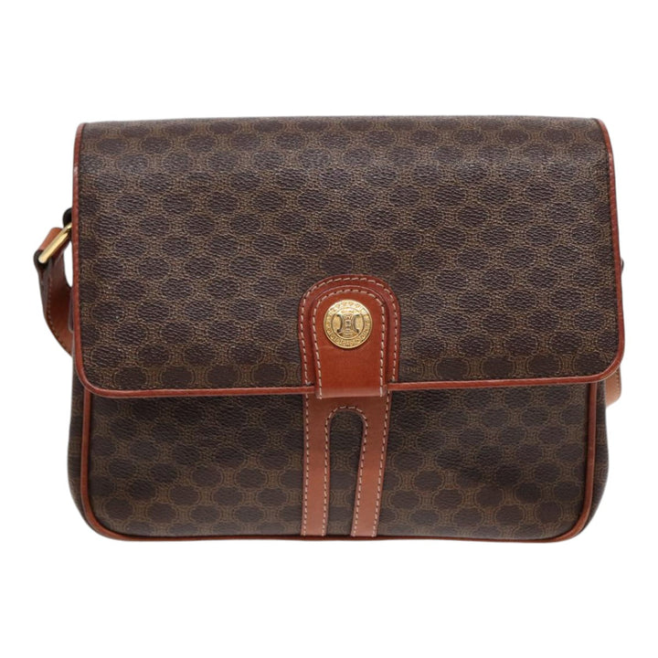 Celine Macadam Canvas Shoulder Bag PVC Leather Brown Gold Auth 86836