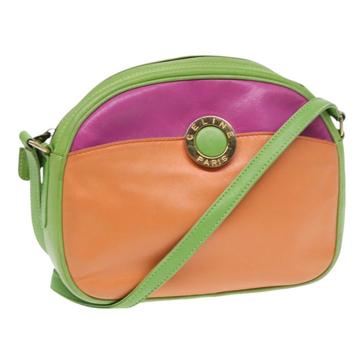 Celine Shoulder Bag Leather Pink Green gold Auth 86839