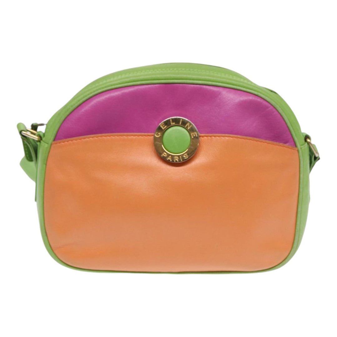 Celine Shoulder Bag Leather Pink Green gold Auth 86839