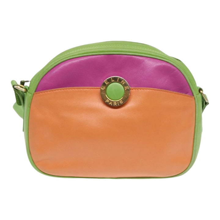 Celine Shoulder Bag Leather Pink Green gold Auth 86839