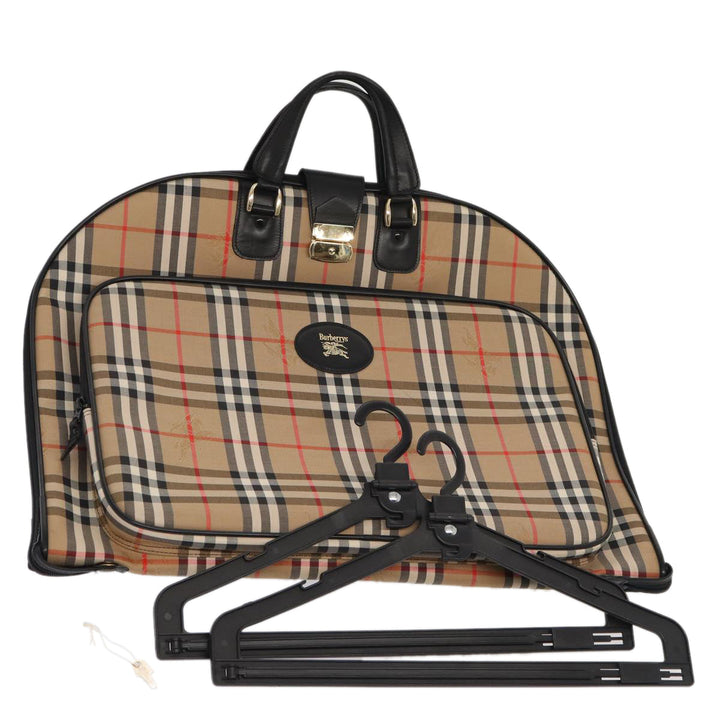 BurberrySs Nova Check Garment Cover Canvas Leather Beige Black gold Auth 86956