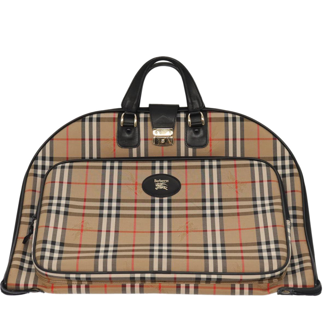 BurberrySs Nova Check Garment Cover Canvas Leather Beige Black gold Auth 86956