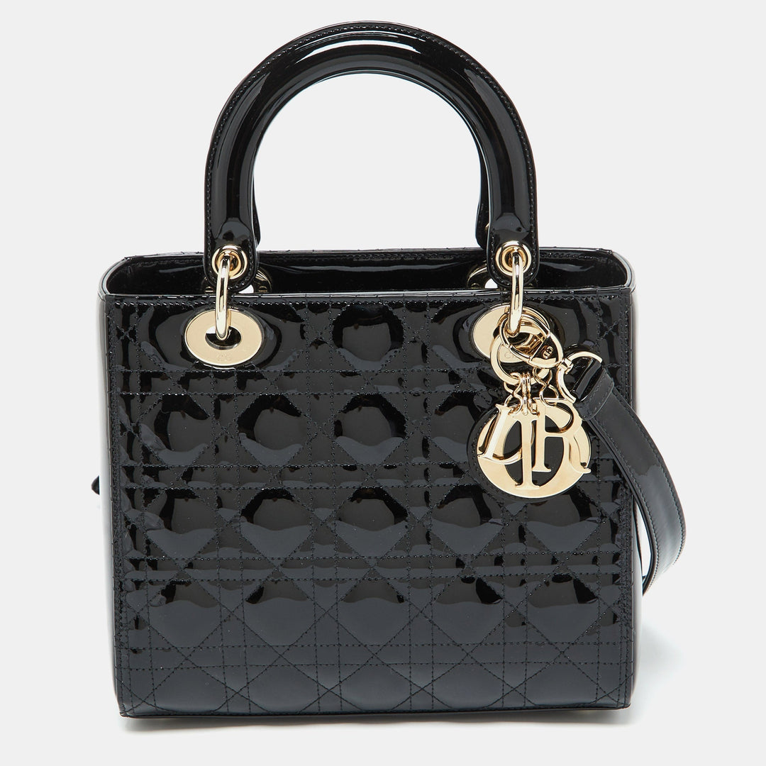 Top quality Dior Black Cannage Patent Leather Medium Lady Tote
