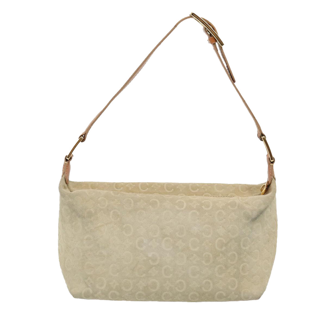 Celine C Macadam Canvas Hand Bag Suede Cream Brown gold Auth 87002