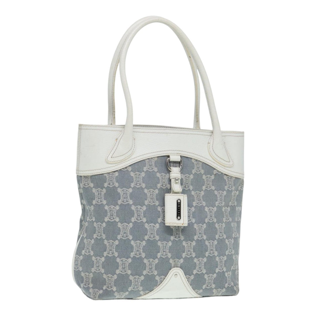 Celine Paris Macadam Canvas Tote Bag Leather Blue White Silver Auth 87066