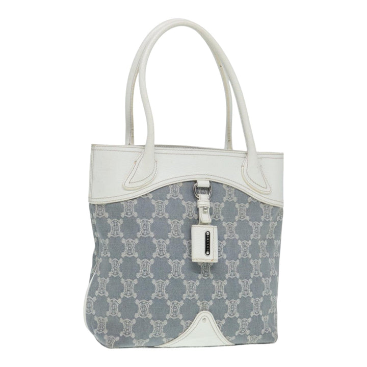 Celine Paris Macadam Canvas Tote Bag Leather Blue White Silver Auth 87066