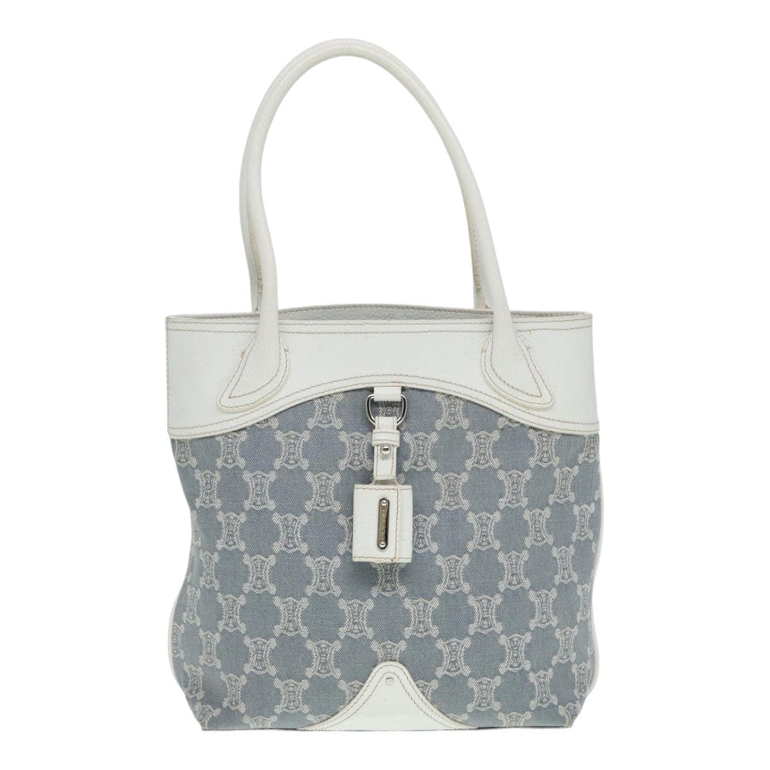 Celine Paris Macadam Canvas Tote Bag Leather Blue White Silver Auth 87066