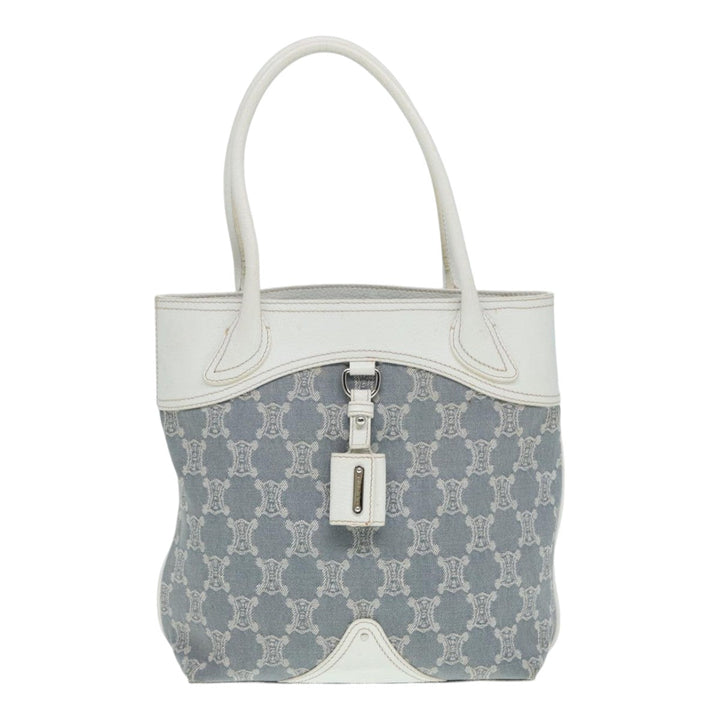 Celine Paris Macadam Canvas Tote Bag Leather Blue White Silver Auth 87066