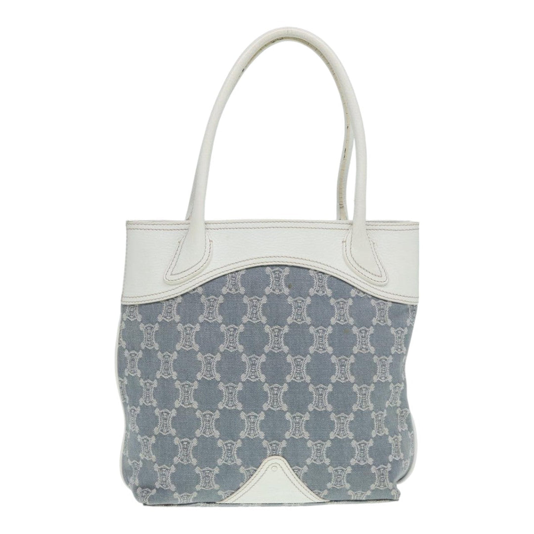 Celine Paris Macadam Canvas Tote Bag Leather Blue White Silver Auth 87066