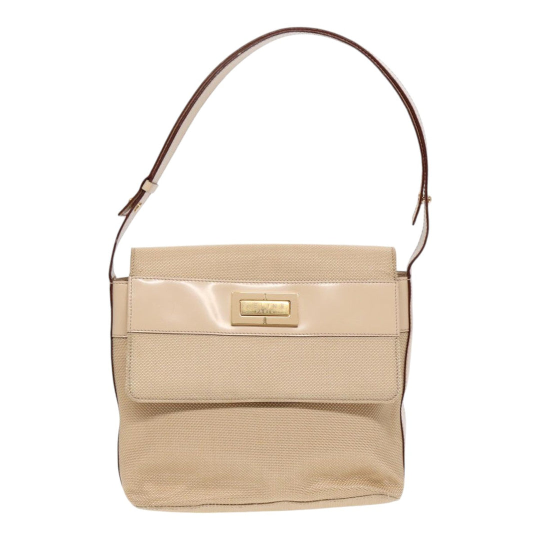 Celine Shoulder Bag Nylon Beige Gold Auth 87076