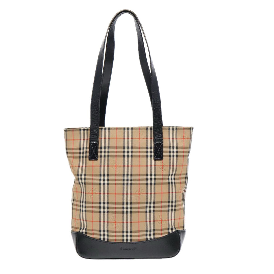 BurberrySs Nova Check Tote Bag Canvas Leather Beige Black gold Auth 87170