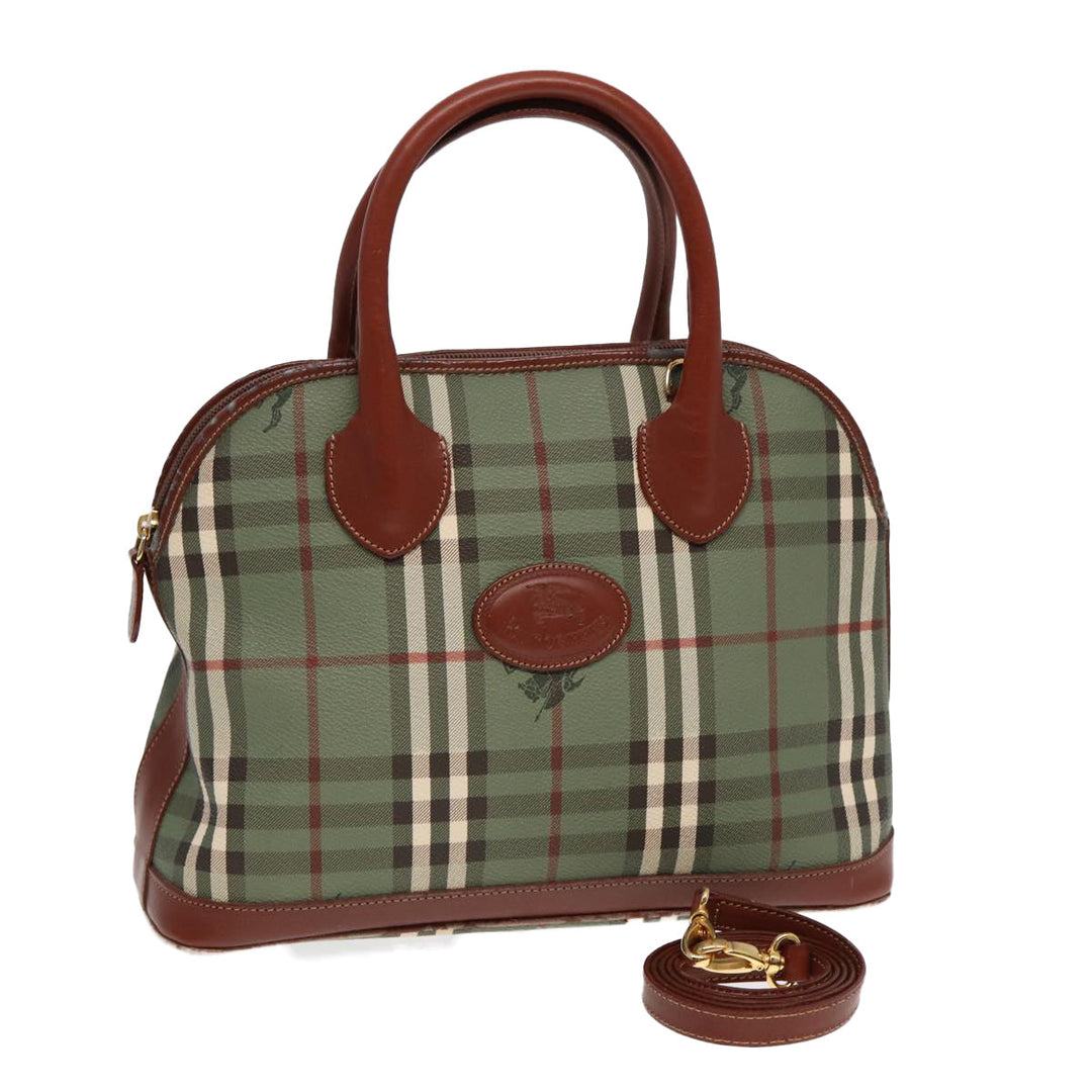 BurberrySs Nova Check Hand Bag PVC 2way Green Gold Auth 87235