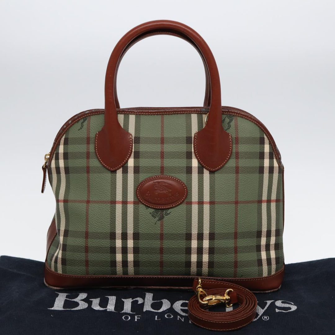 BurberrySs Nova Check Hand Bag PVC 2way Green Gold Auth 87235