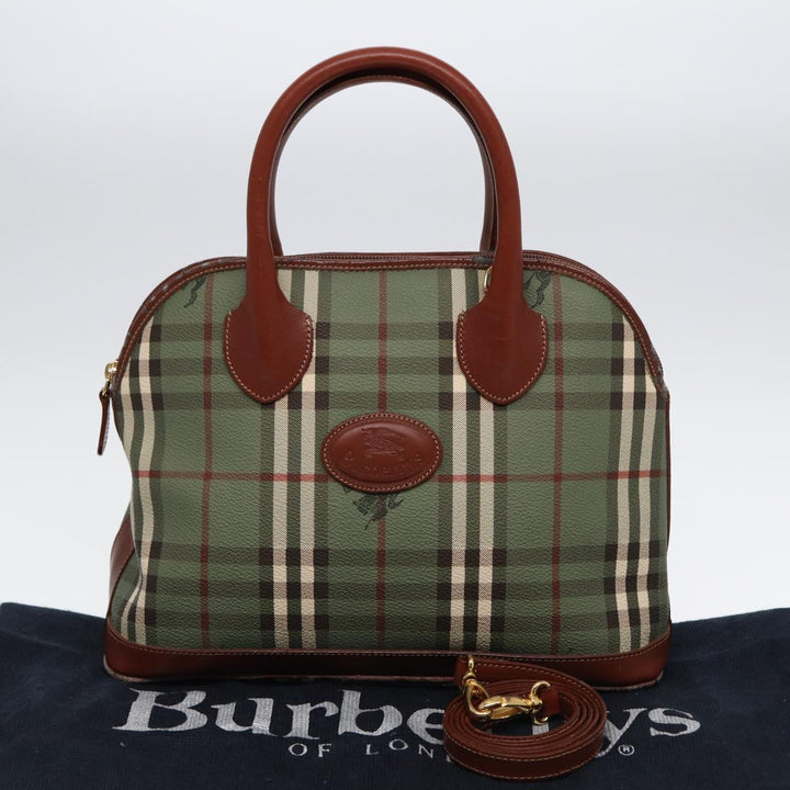 BurberrySs Nova Check Hand Bag PVC 2way Green Gold Auth 87235