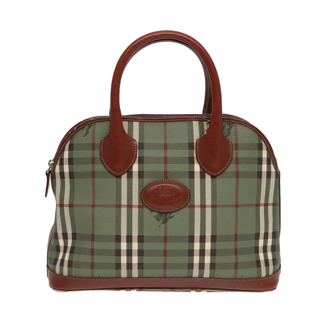BurberrySs Nova Check Hand Bag PVC 2way Green Gold Auth 87235