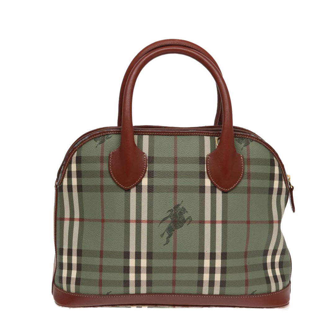 BurberrySs Nova Check Hand Bag PVC 2way Green Gold Auth 87235
