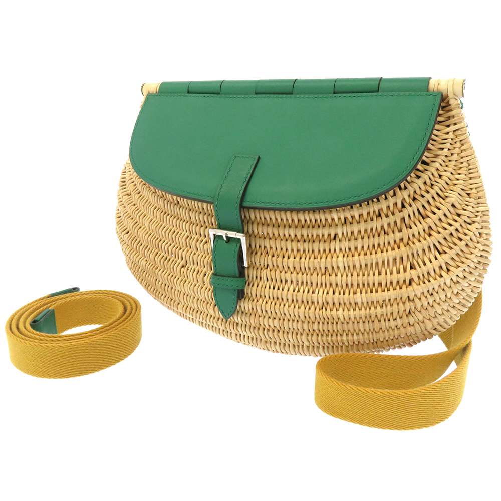 Hermes fishing basket VertVeron/Natural Swift Leather Straw