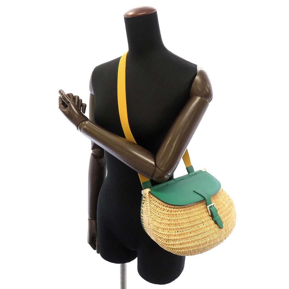 Hermes fishing basket VertVeron/Natural Swift Leather Straw