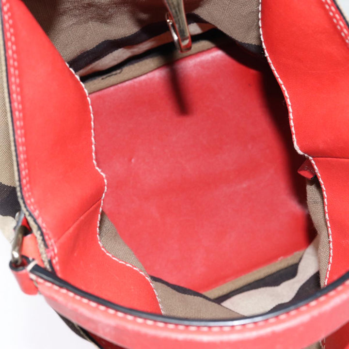 Burberry Nova Check Shoulder Bag Canvas Beige Red Silver Auth 87631