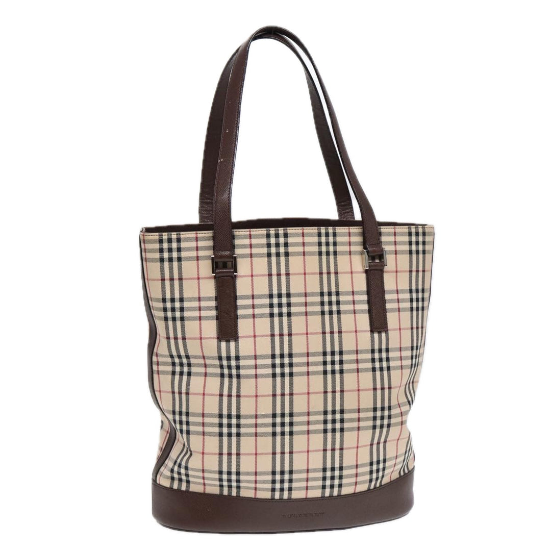 Burberry Nova Check Tote Bag Canvas Beige Brown Silver Auth 87632