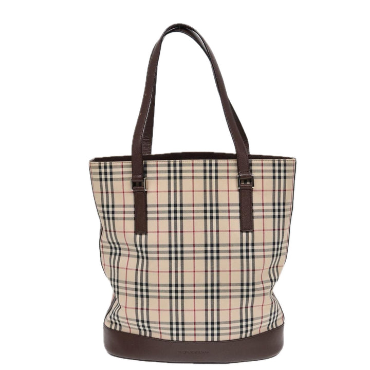 Burberry Nova Check Tote Bag Canvas Beige Brown Silver Auth 87632