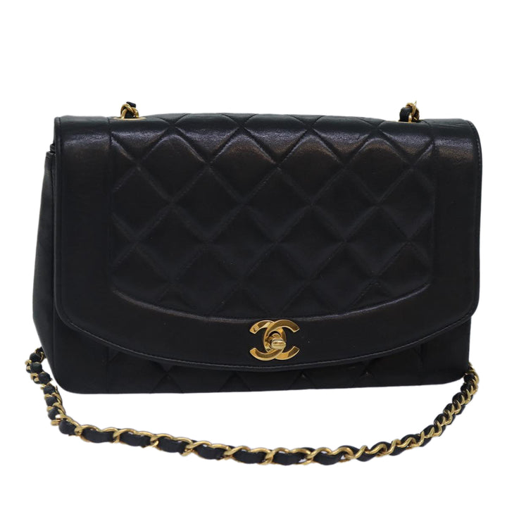 Chanel Diana Matelasse Chain Shoulder Bag Lamb Skin Black CC Auth 87740A