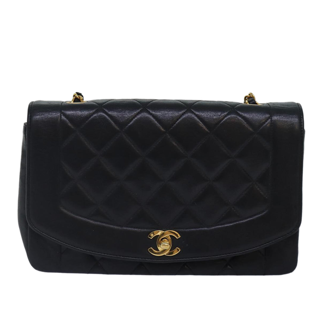 Chanel Diana Matelasse Chain Shoulder Bag Lamb Skin Black CC Auth 87740A