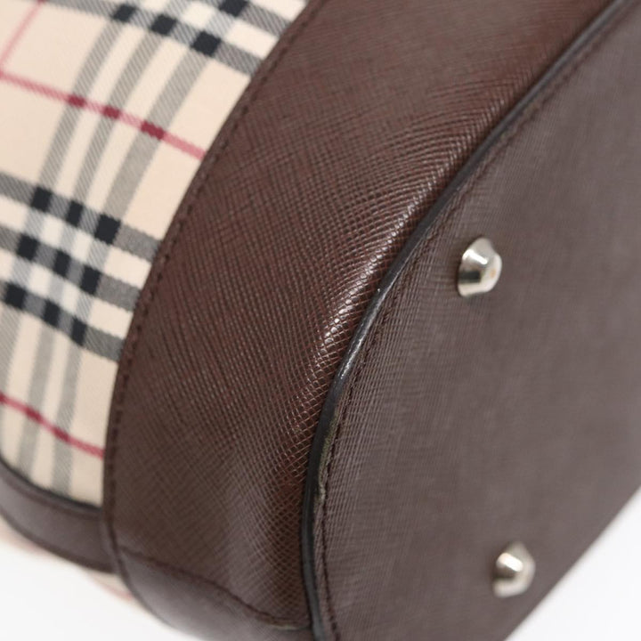 Burberry Nova Check Tote Bag Canvas Beige Brown Silver Auth 87766